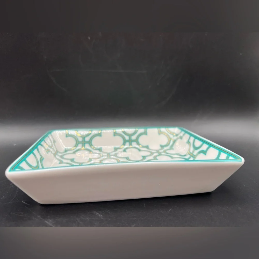 I. Godinger & Co. Trinket Jewelry Dish Tray Rectangle White W/ Teal & Gold
